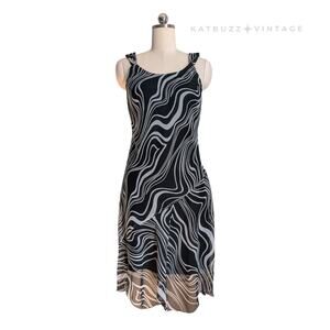 Vintage Midi Dress 10 Black White Mod Y2K Psychedelic Retro Chiffon Sleeveless